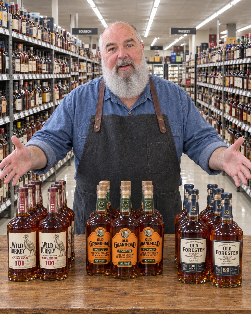 Wade Cooper in the whiskey aisle, arms wide, with Wild Turkey 101, Old Grand-Dad Bonded and Old Forester 100 lined up on the counter in front of him